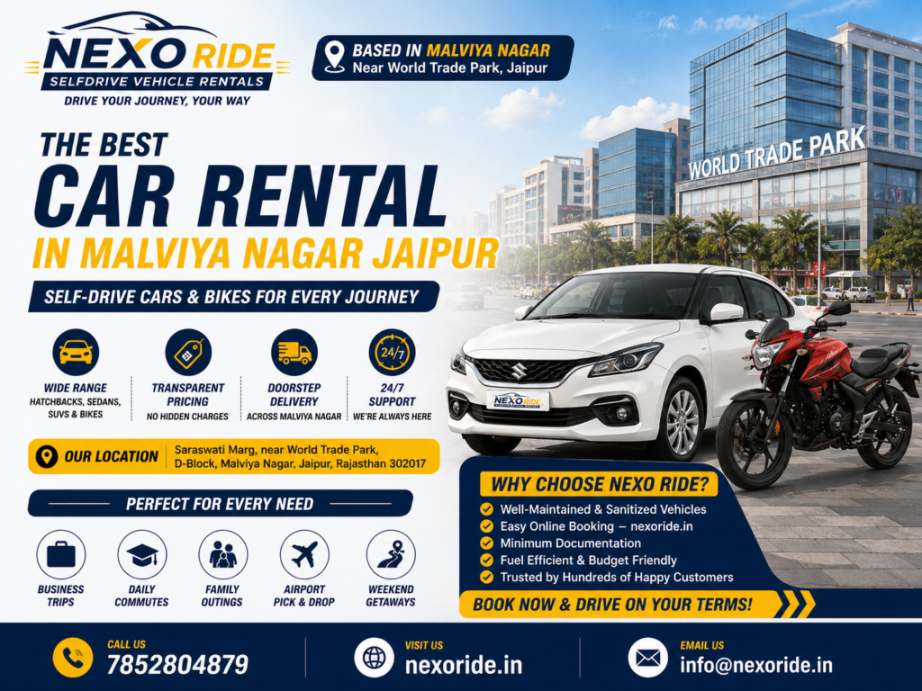 Self-drive car rental service near World Trade Park in Malviya Nagar Jaipur by Nexo Ride